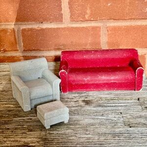 Vintage Dollhouse Sofa Chair & Ottoman Wooden Flocked 1950s 1:10 MCM